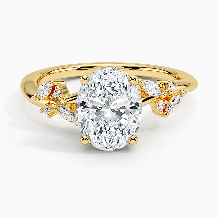 Oval moissanite with marquise leaf accents in yellow gold, top view