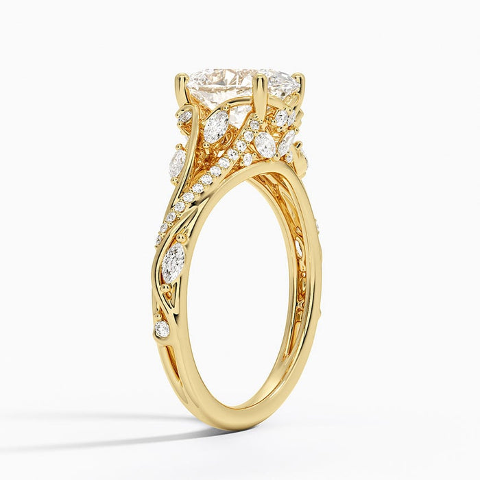 Side view showing the pierced openwork scroll and pave along the outer edge