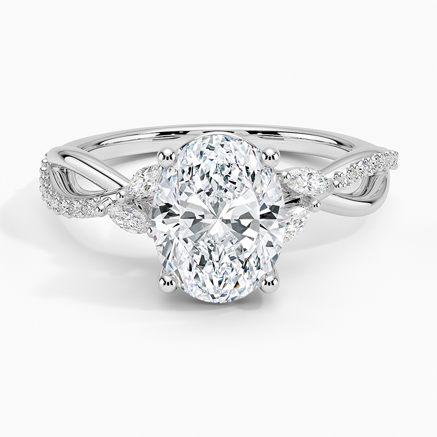 Oval moissanite with marquise petals on a twisted vine in white gold, top view