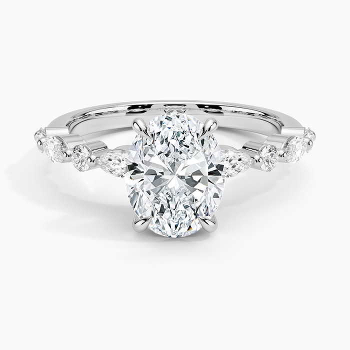 Oval moissanite ring with alternating marquise and round accents in white gold, top view