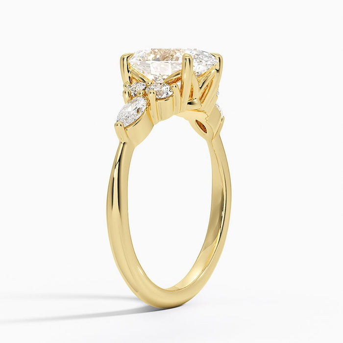 Side view showing the open gallery and prong set cluster