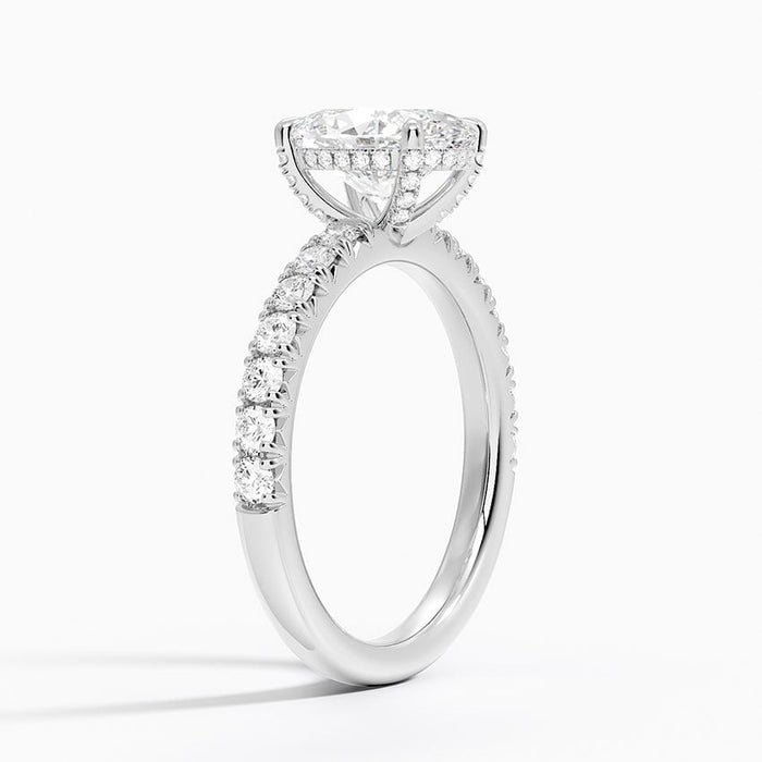 Side view showing the hidden halo under the basket and U set pave