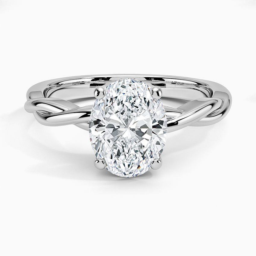 Oval moissanite solitaire on a twisted two strand white gold band, top view