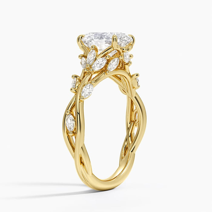 Side profile of oval moissanite vine ring showing twisted band and marquise leaf accents