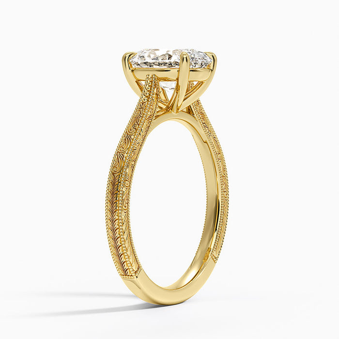 Side view showing hand engraved scrollwork and milgrain edging on the band