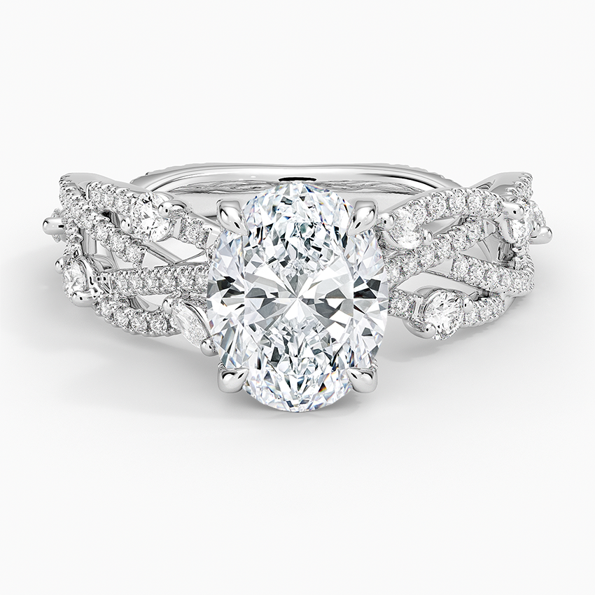 Oval moissanite on a woven multi strand pave band in white gold, top view