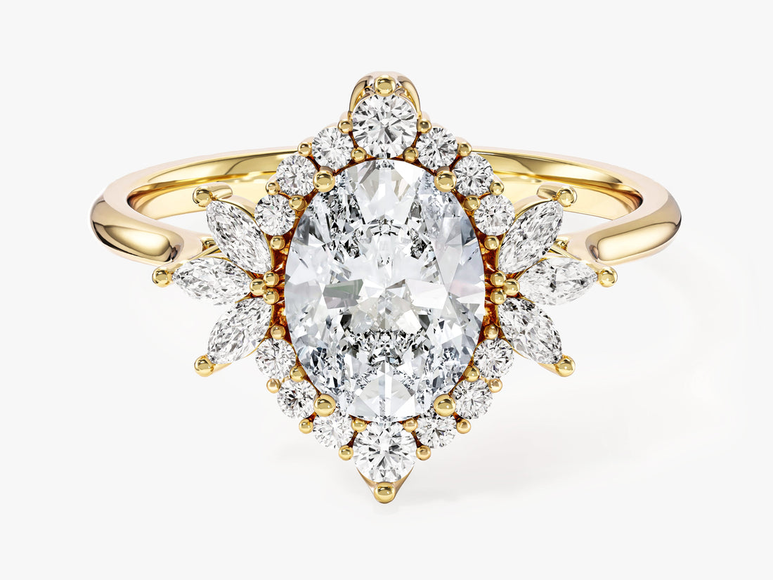 Vintage oval moissanite halo engagement ring with marquise cluster wings in 14K yellow gold, front view