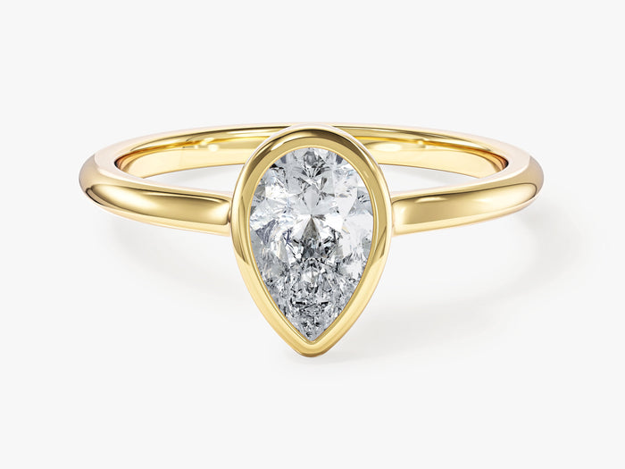 Pear cut lab grown diamond minimalist bezel engagement ring in yellow gold, front view