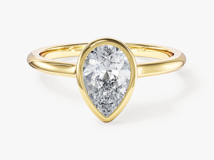 Pear shaped lab grown diamond full bezel teardrop engagement ring in yellow gold, front view