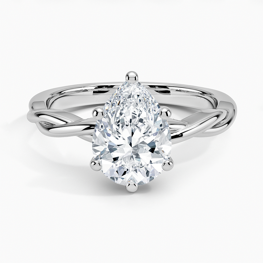 Pear cut moissanite braided rope band solitaire engagement ring in white gold, top view