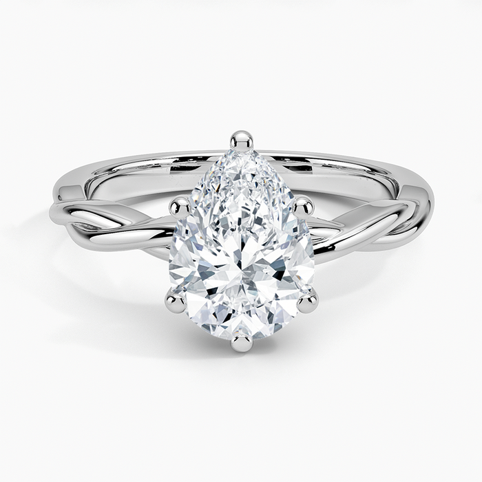 Pear cut moissanite braided rope band solitaire engagement ring in white gold, top view