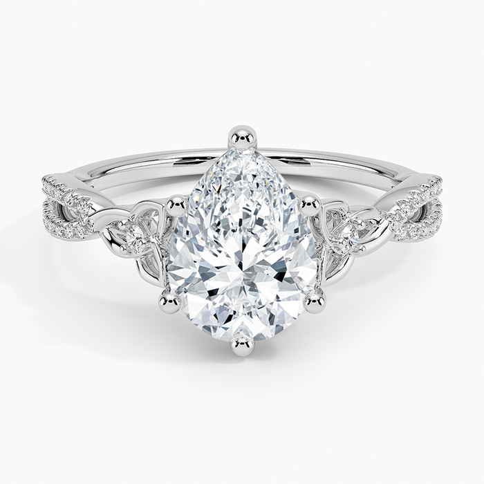 Pear cut moissanite Celtic knot pave engagement ring in white gold, top view