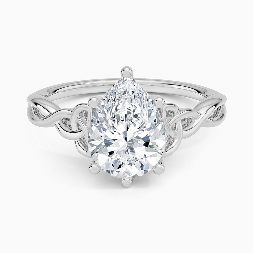 Pear cut moissanite Celtic trinity knot engagement ring in white gold, top view