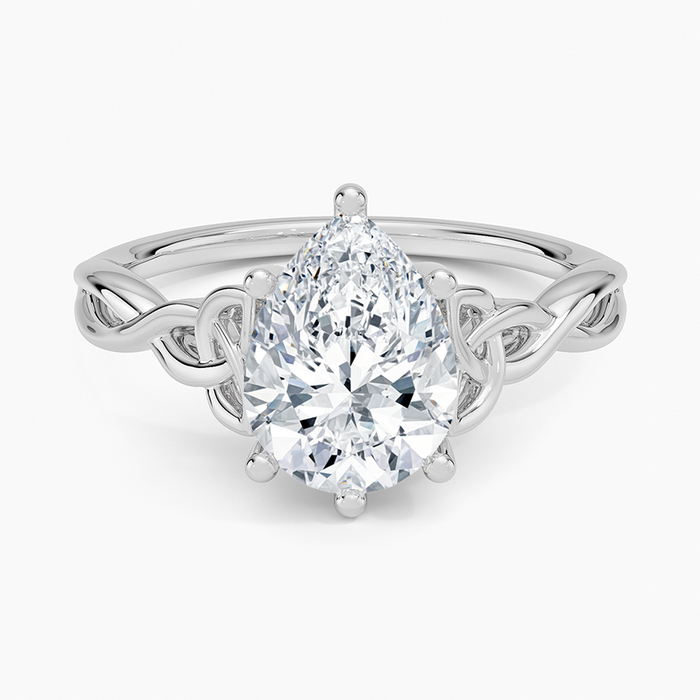 Pear cut moissanite Celtic trinity knot engagement ring in white gold, top view