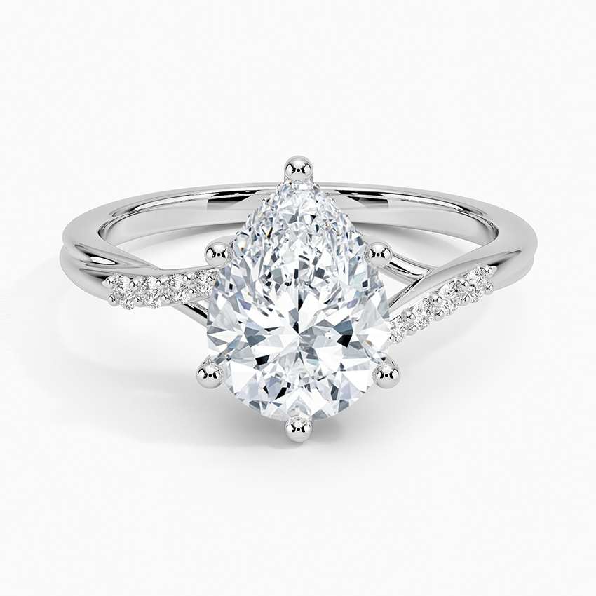 Pear cut moissanite crossover graduated pave engagement ring in white gold, top view