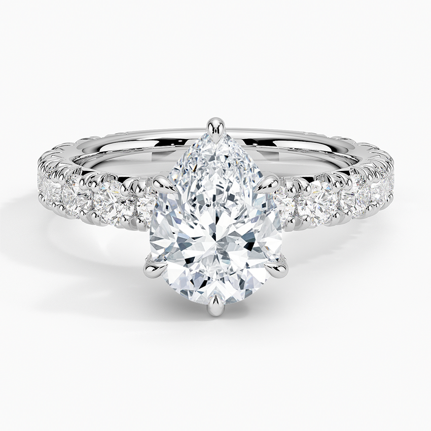 Pear cut moissanite large shared prong wide pave engagement ring in white gold, top view