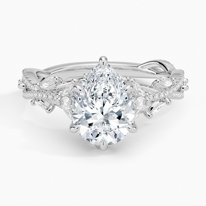 Pear cut moissanite marquise wreath engagement ring in white gold, top view