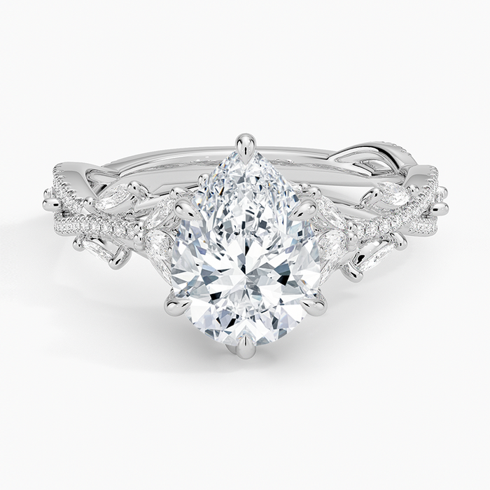 Pear cut moissanite marquise wreath engagement ring in white gold, top view