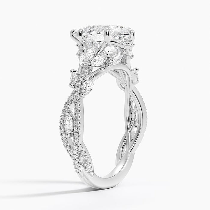Side view showing the braided pave shank and pierced scrollwork shoulders