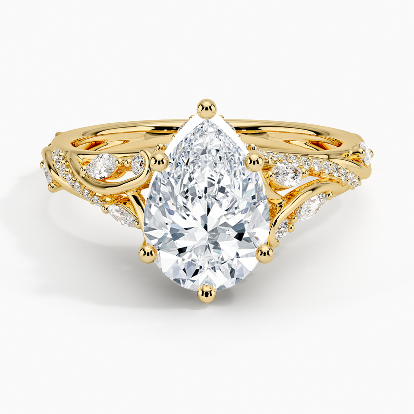 Pear cut moissanite ornate openwork vine engagement ring in yellow gold, top view