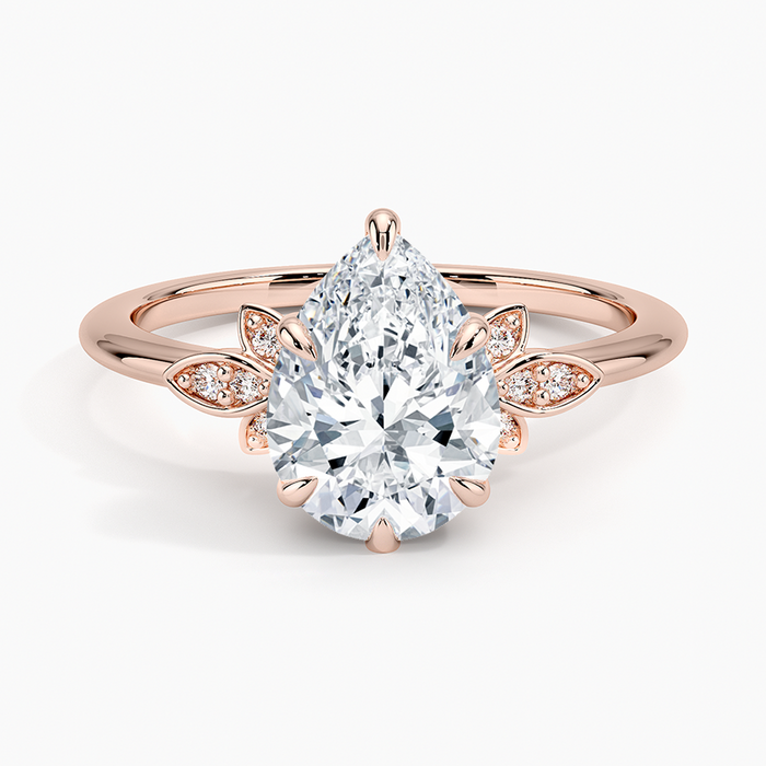 Pear cut moissanite petal pave fan engagement ring in rose gold, top view