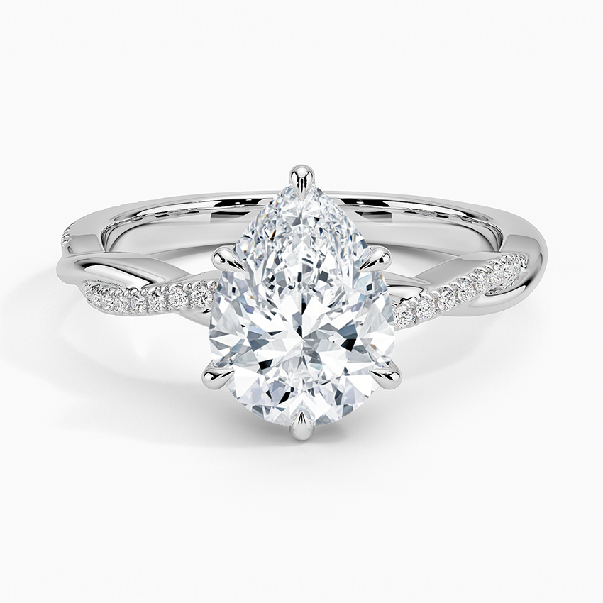 Pear cut moissanite petite twisted vine pave engagement ring in white gold, top view