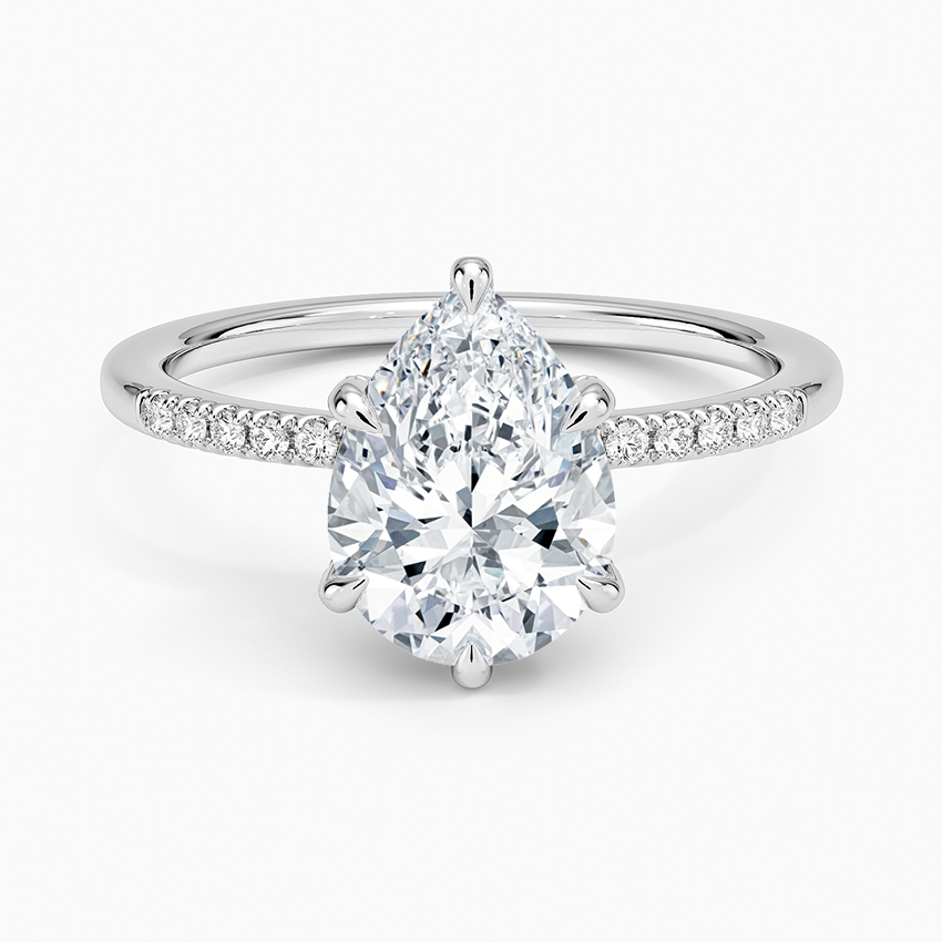 Pear cut moissanite slim pave hidden halo engagement ring in white gold, top view