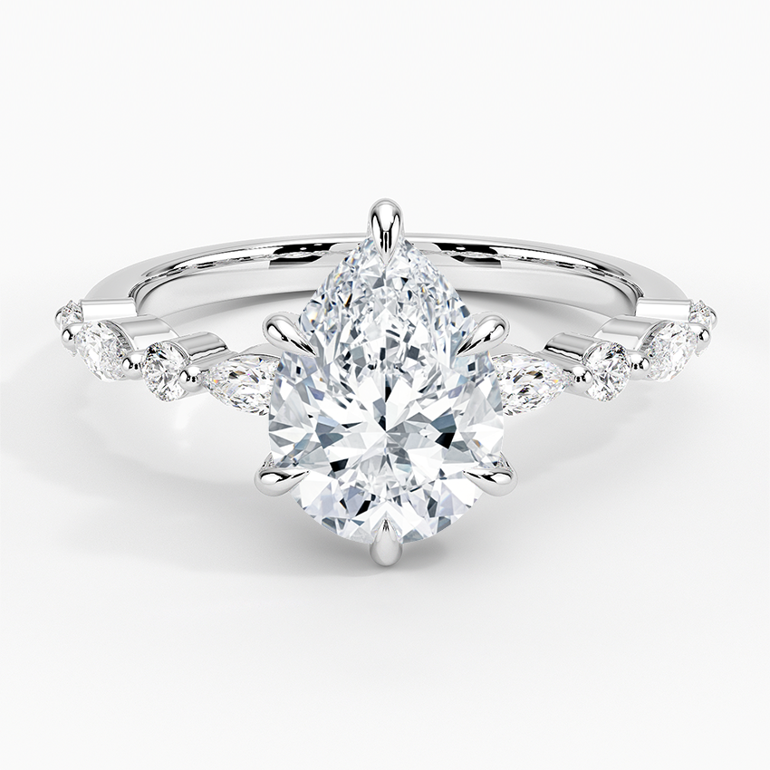 Pear cut moissanite with alternating spaced marquise and round accents in white gold, top view