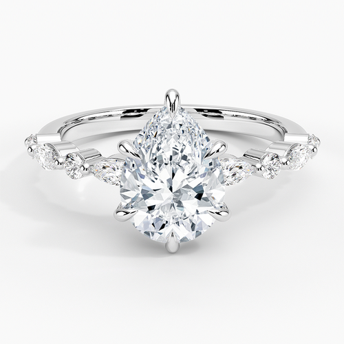 Pear cut moissanite with alternating spaced marquise and round accents in white gold, top view