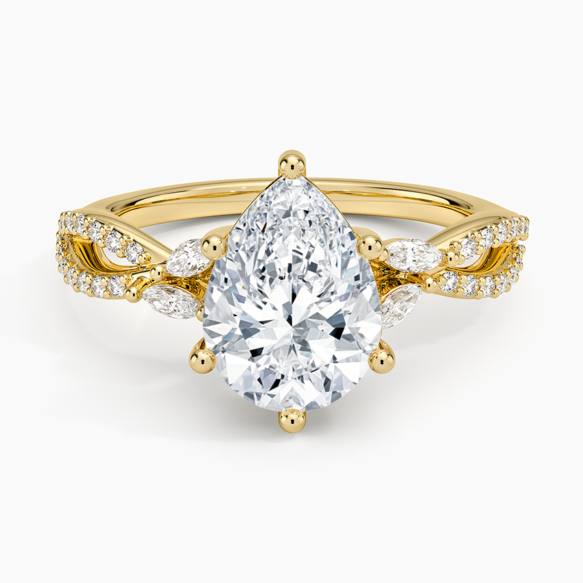Pear cut moissanite twisted pave engagement ring with marquise leaf accents in yellow gold, top view