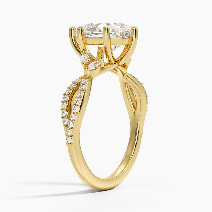 Side view showing both pave set ribbons twisting with marquise set in the openings