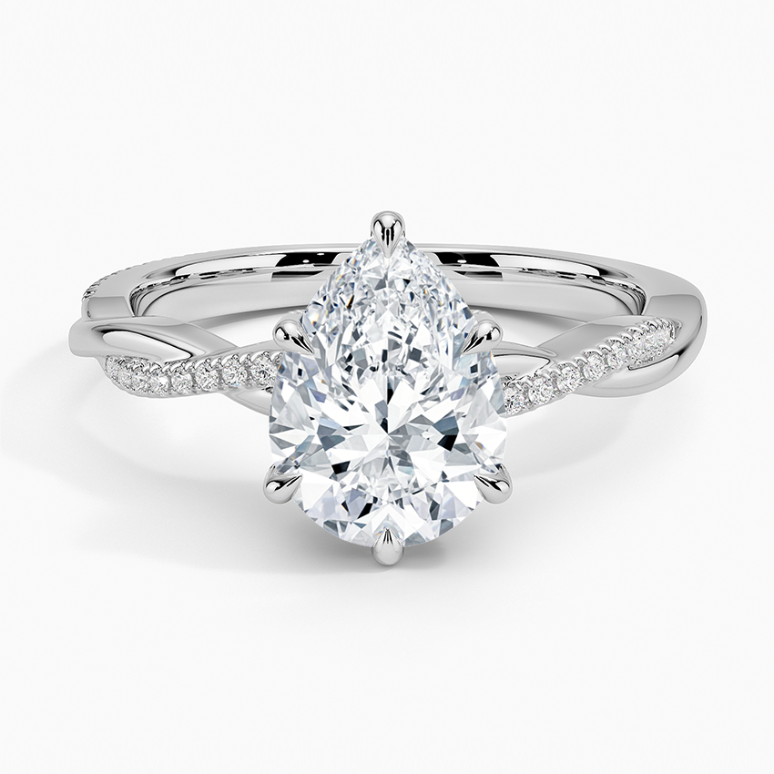 Pear cut moissanite twisted vine pave hidden halo engagement ring in white gold, top view