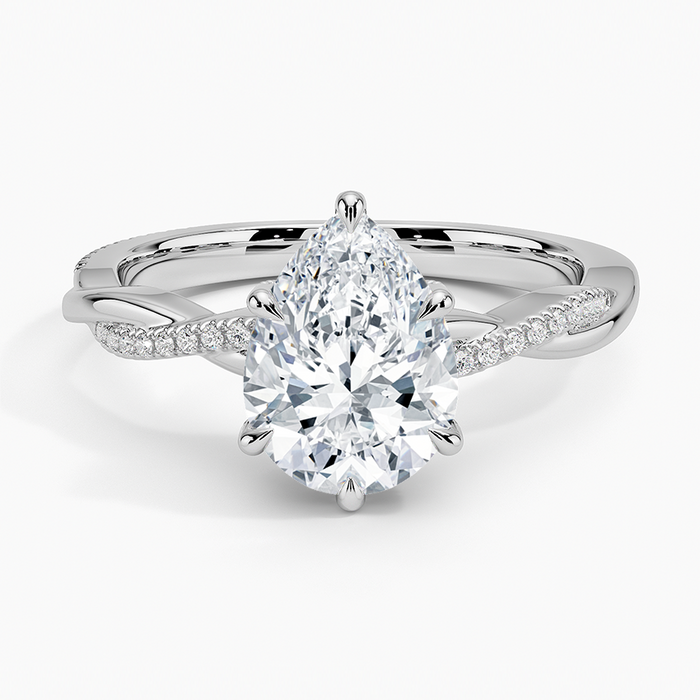 Pear cut moissanite twisted vine pave hidden halo engagement ring in white gold, top view