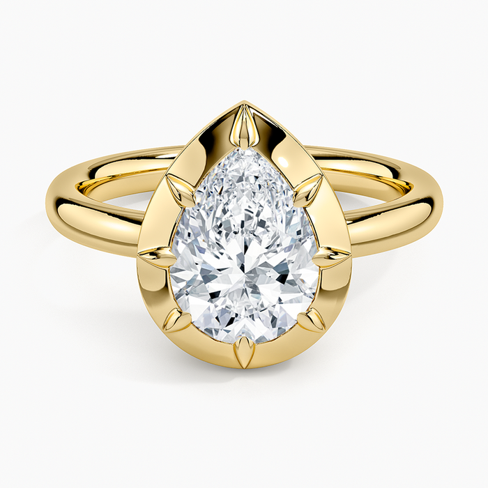 Pear cut moissanite in a wide polished bezel cup with six sculpted claws in yellow gold, top view