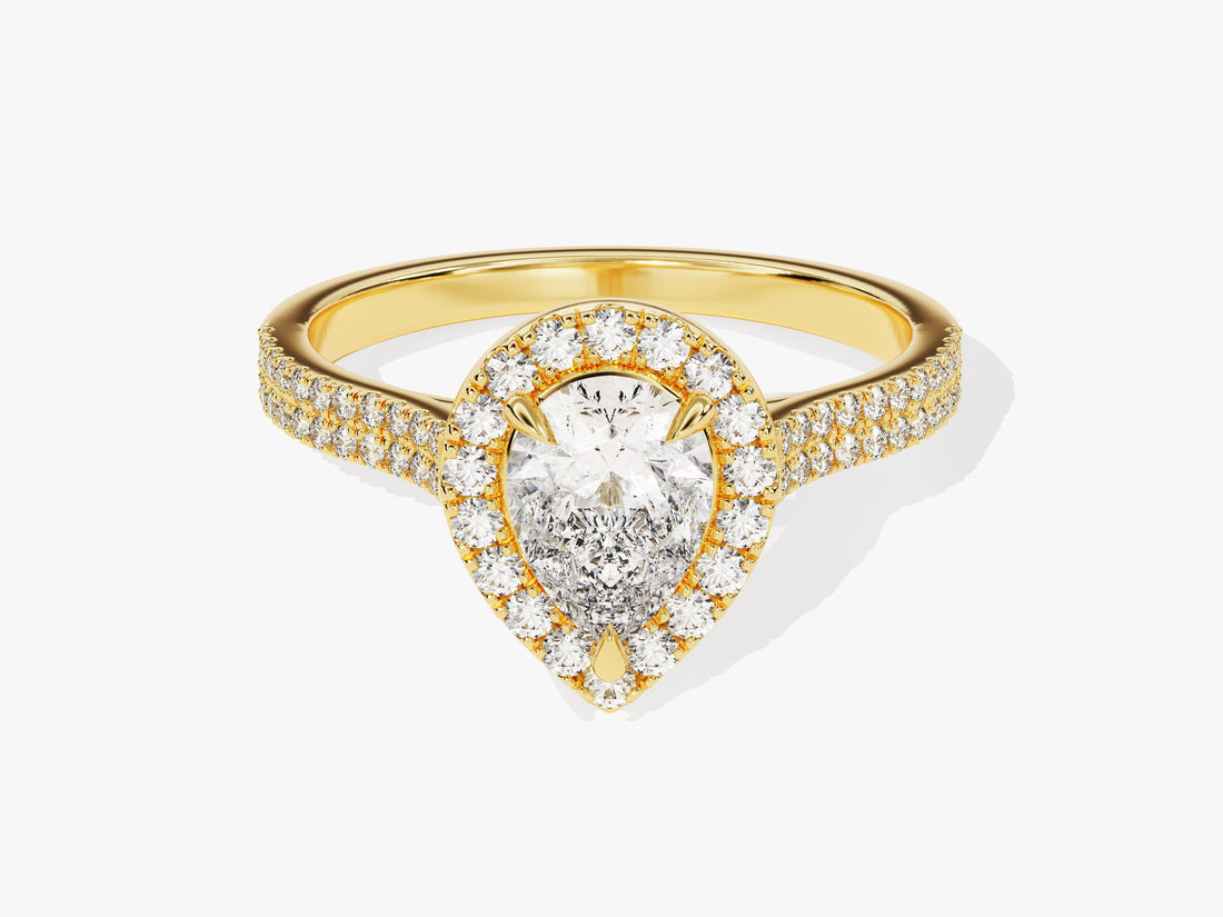 Pear shaped moissanite double pave engagement ring with halo in yellow gold, front view