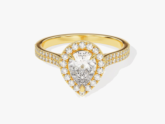 Pear shaped moissanite double pave engagement ring with halo in yellow gold, front view