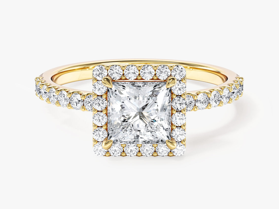 Princess cut moissanite square halo engagement ring with pave band in 14K yellow gold, front view