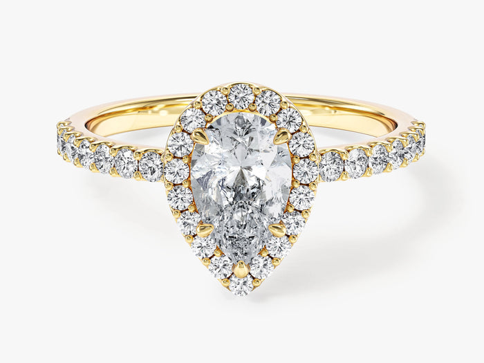 Teardrop pear moissanite halo engagement ring with pave shoulders in 14K yellow gold, front view
