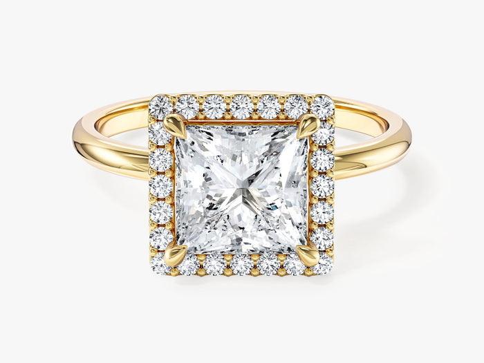 Princess cut moissanite halo engagement ring with plain band in 14K yellow gold, front view