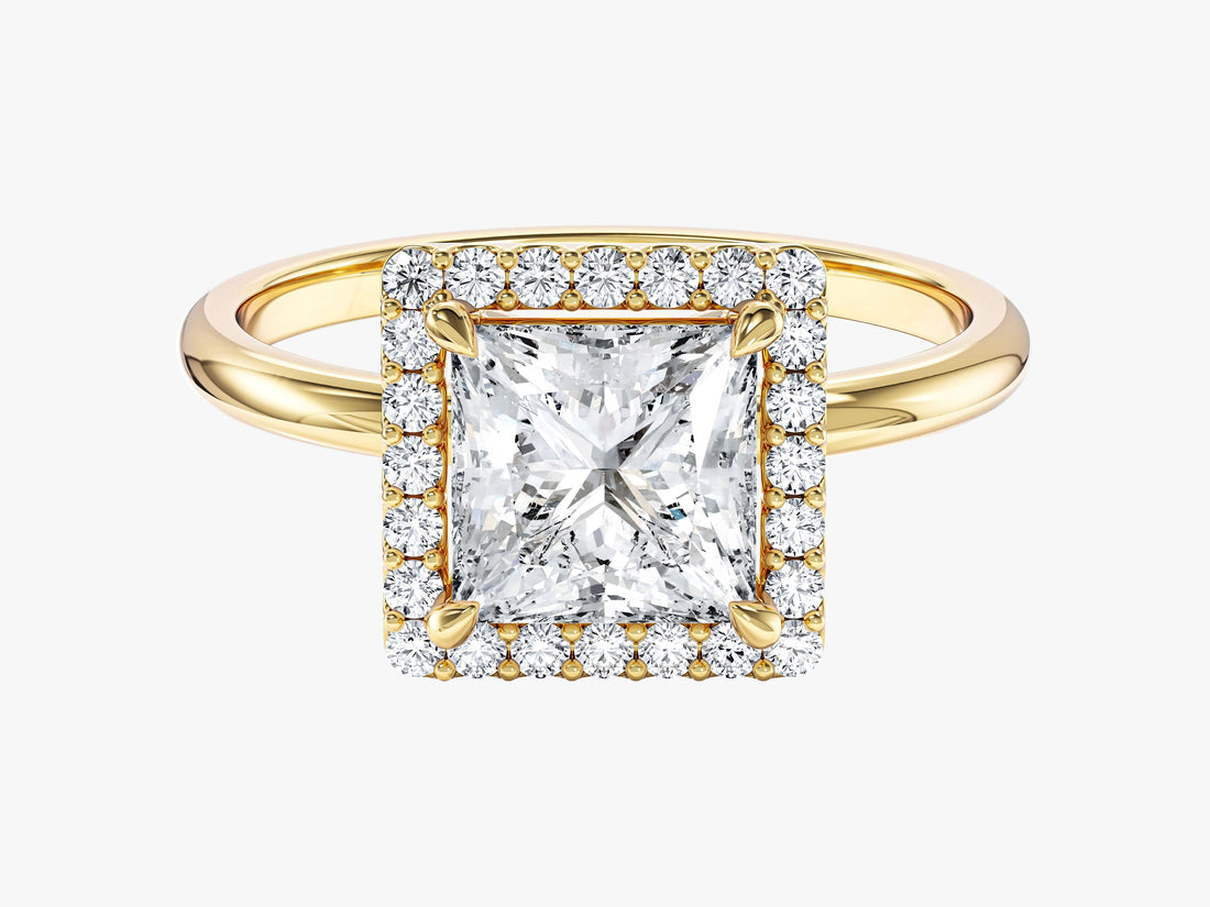 Square princess moissanite halo engagement ring with four claw corners in 14K yellow gold, front view