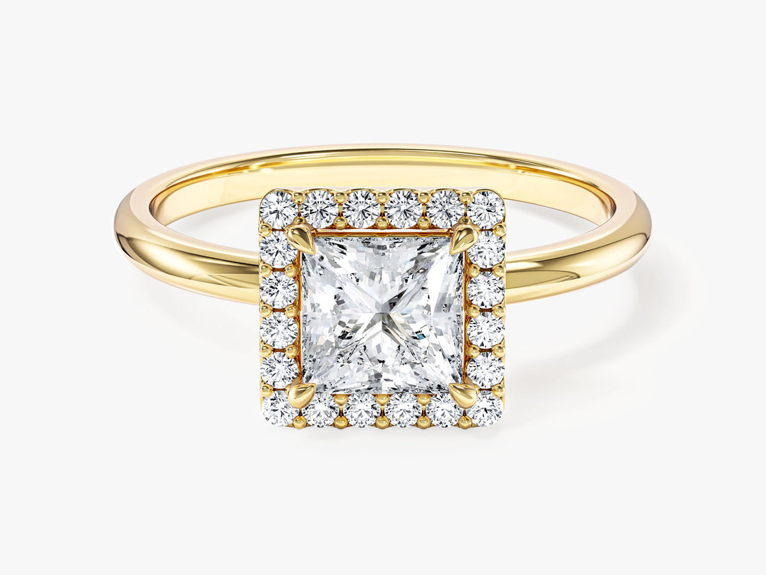 Classic princess moissanite square halo engagement ring on a slim band in 14K yellow gold