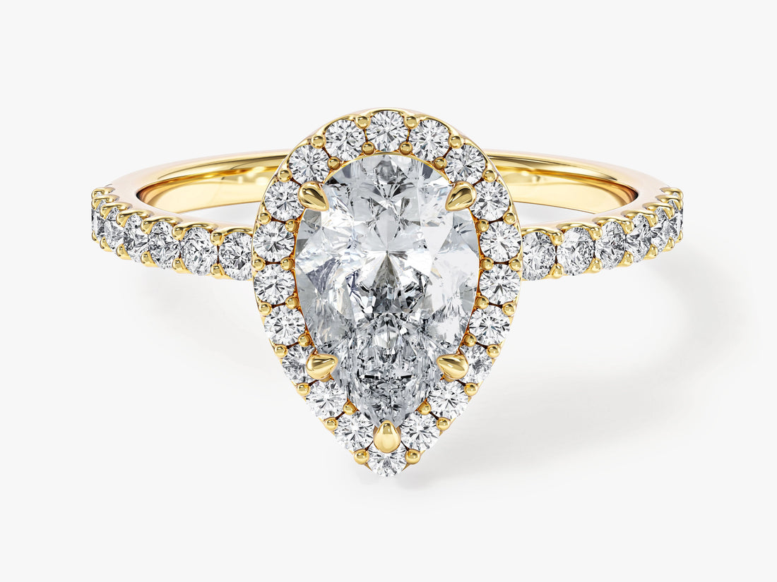 Pear shaped lab grown diamond teardrop halo ring with pave side stones in yellow gold, front view