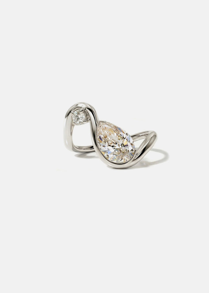 Pear and round moissanite open loop two stone engagement ring in yellow gold, view 2