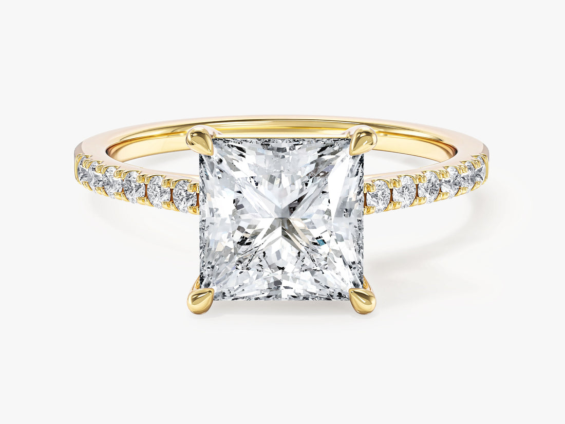 Princess moissanite solitaire engagement ring with pave set side stones in 14K yellow gold, front view