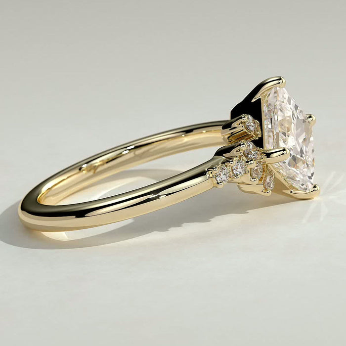 Princess cut moissanite on point engagement ring with corner clusters in yellow gold, view 2