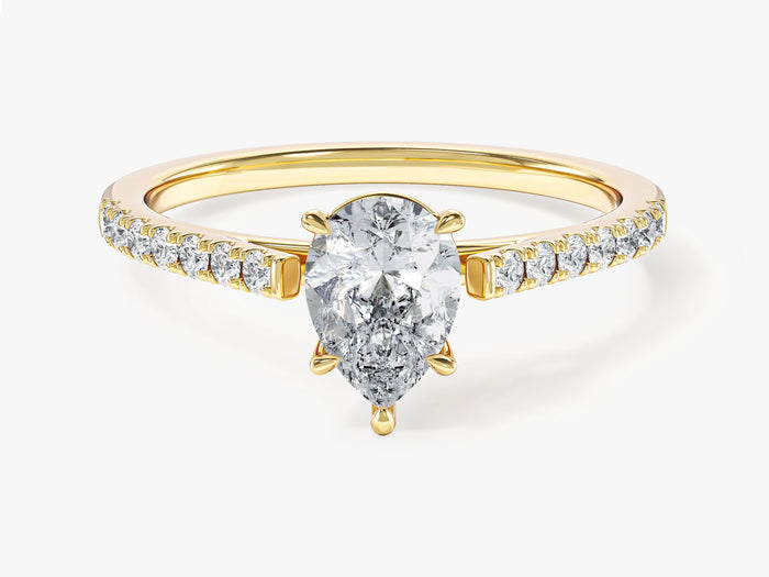 Dainty pear cut lab grown diamond half pave engagement ring in yellow gold, front view