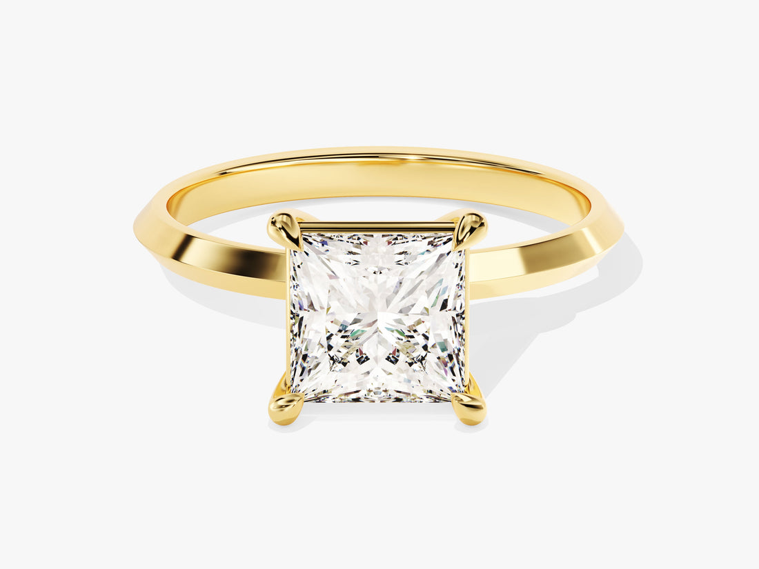 Knife edge princess moissanite square solitaire in yellow gold, front view