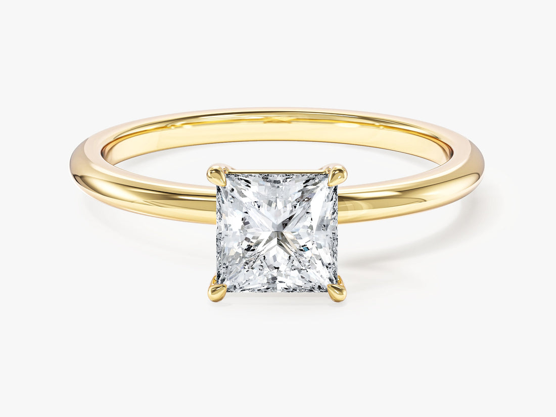 Princess moissanite minimalist thin band solitaire engagement ring in 14K yellow gold, front view