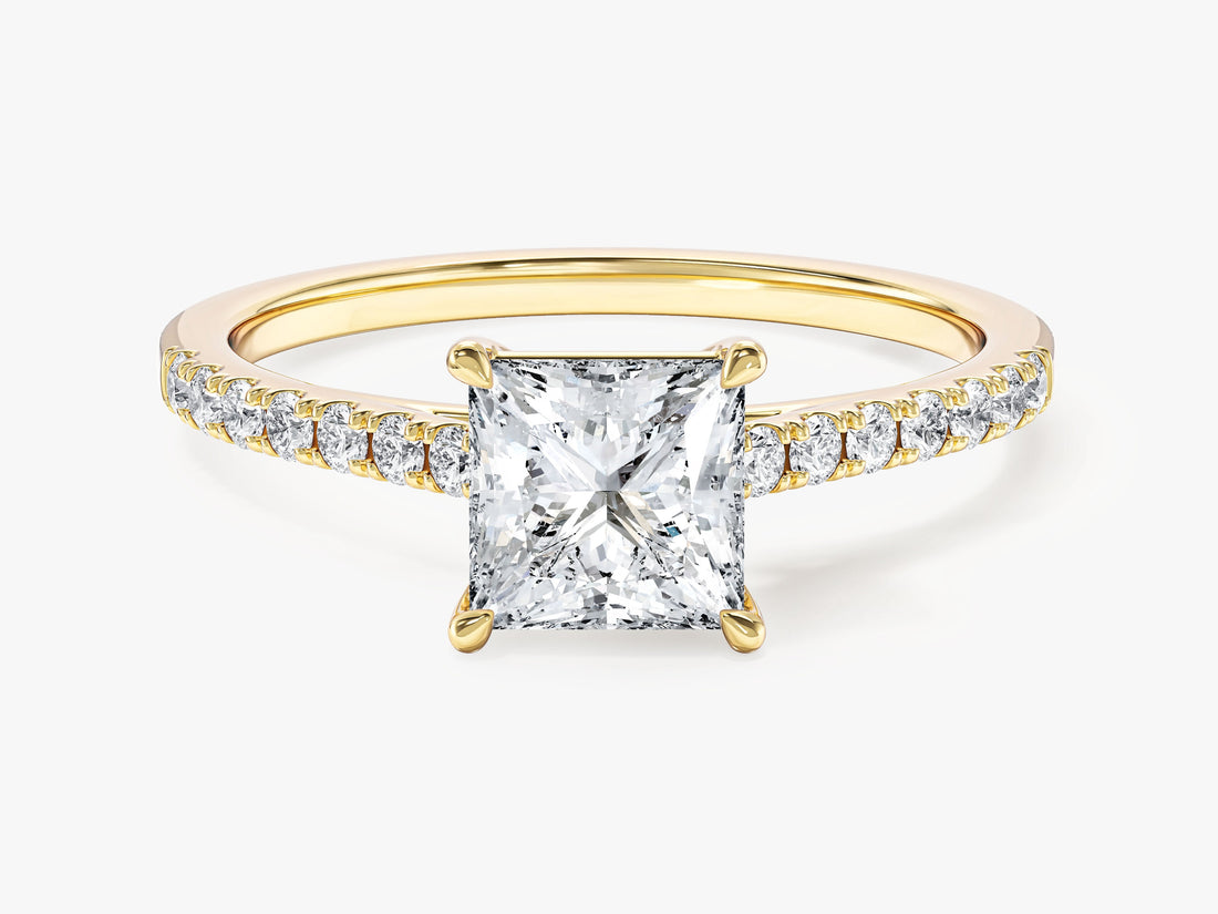 Princess cut lab grown diamond pave band engagement ring in yellow gold, front view