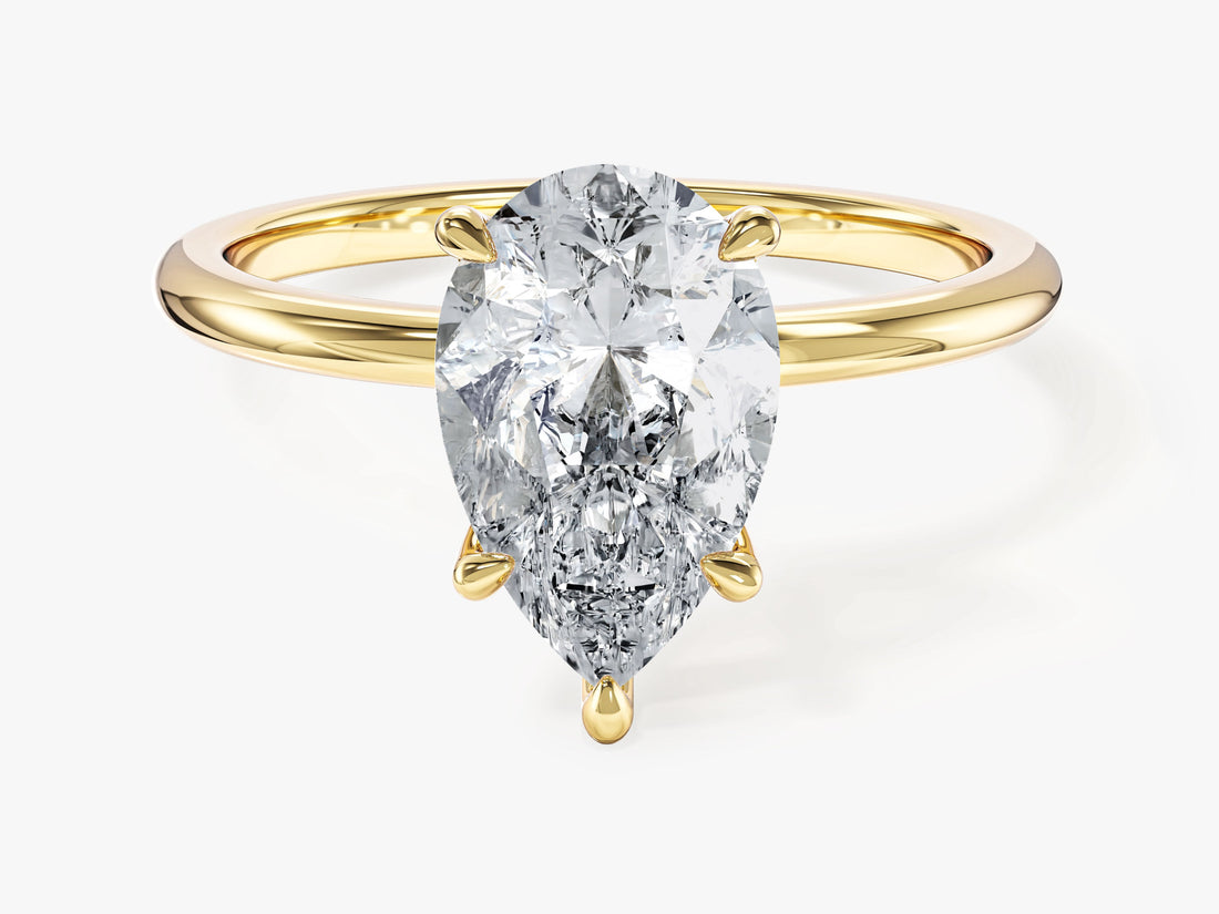 Pear lab grown diamond five prong solitaire engagement ring in yellow gold, front view